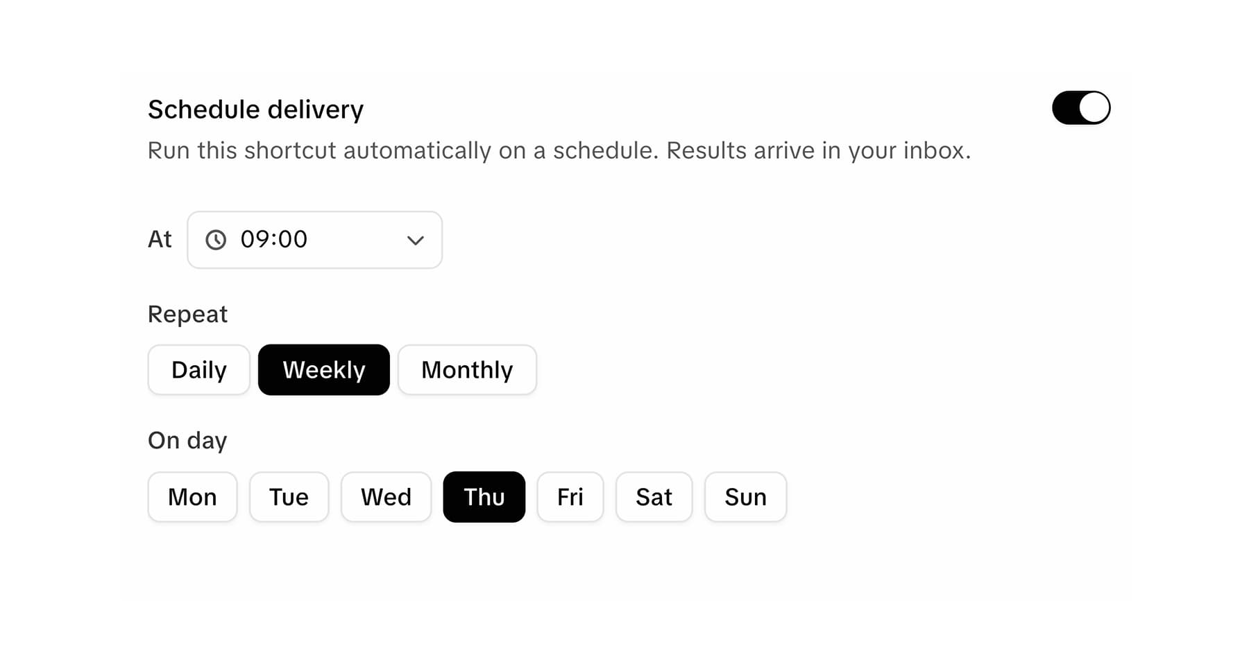 Schedule delivery settings panel with automatic toggle enabled, time set to 09:00, weekly repeat selected, and Thursday highlighted as the delivery day.