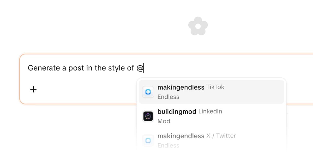 MOD's interface displaying connected social accounts with automatic brand voice analysis, showing how the AI generates content that matches each account's unique style without manual prompting